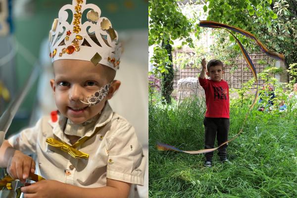 Two photos of a little boy - the first he is wearing a paper crown covered in sparkly jewels. He is wearing a white shirt and gold bow tie. He has in a nasal gastric tube. In the other photo, the same little boy with brown hair wearing a red t shirt and swirling a ribbon around his head. He is standing in long grass under a tree