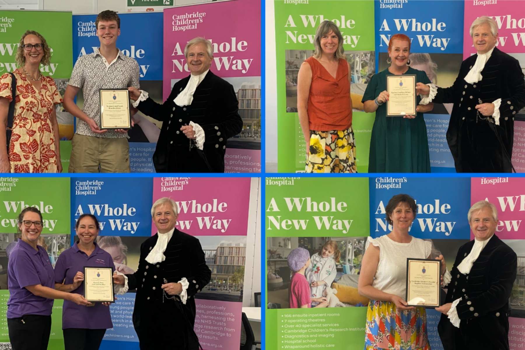 A selection of images all showing a man in a velvet frock coat and ruffled white shirt handing out awards to different people. There are colourful Cambridge Children's Hospital banners behind them