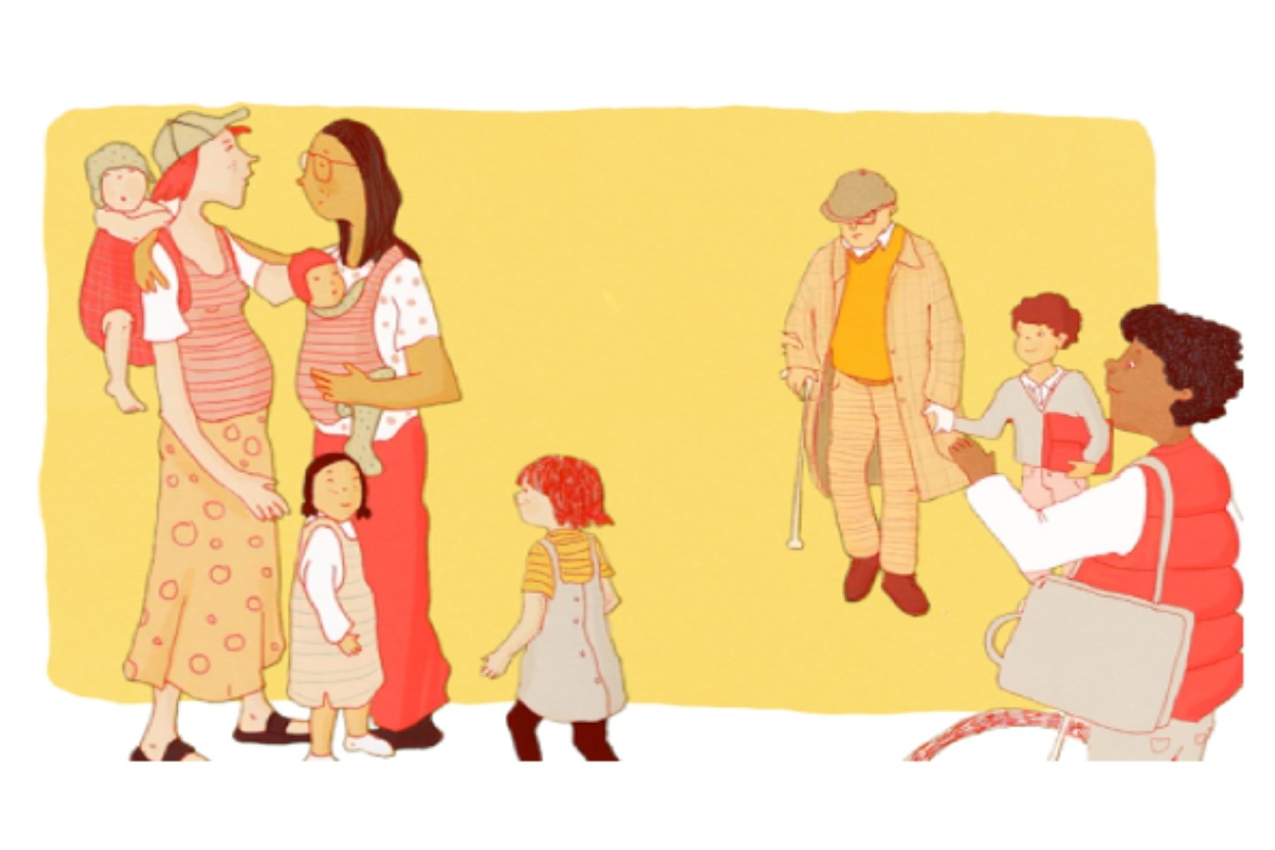 An animation sketch of two women with their children, an elderly man with a walking stick holding the hand of a little boy, and a mother waving. The animation has a red, yellow and orange colour scheme