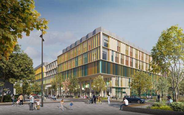An architect image of Cambridge Children's hospital street scene. The building has a colourful facade and lots of windows
