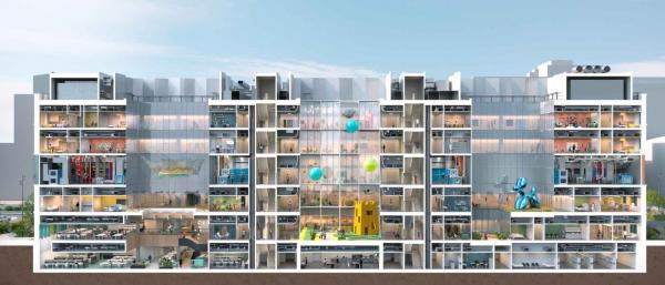 A cutway image of Cambridge Children's hospital showing all the levels of the building and the different rooms. It's like an open dolls house
