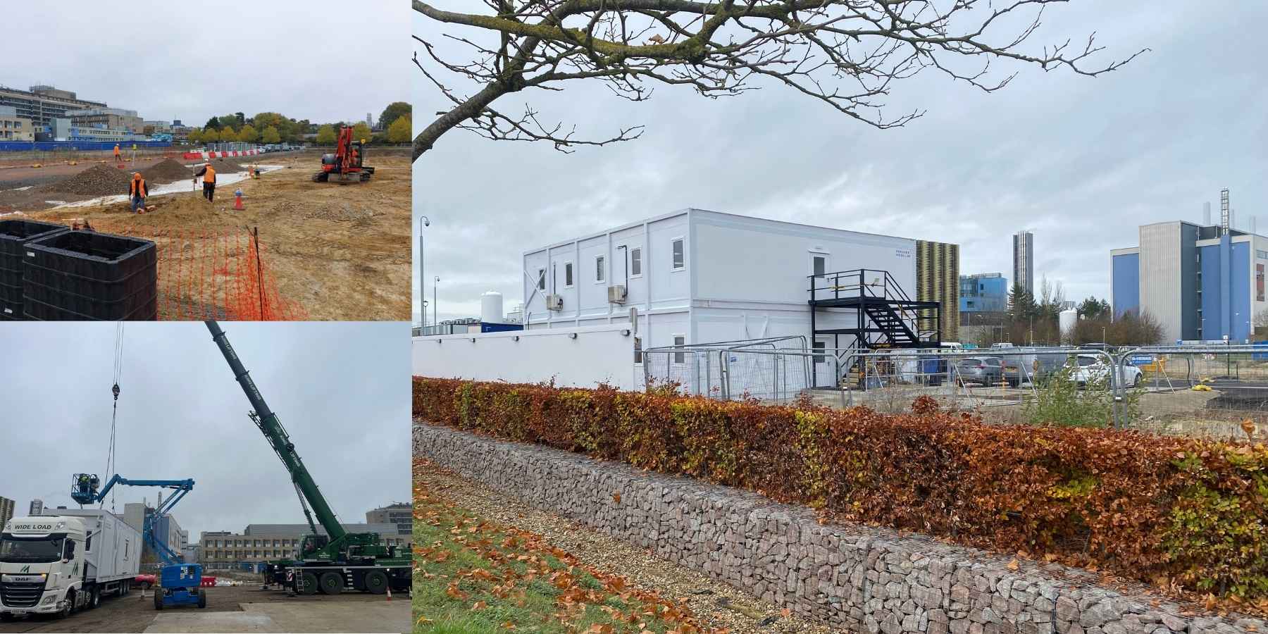 A selection of images show people working on a massive building site, with a crane getting ready to winch a portacabin into position. the photo on the right shows the portacabins put together as white modular blocks to form at office space called the Collaboration Hub. Papworth Hospital and Car Park 2 at addenbrooke's hospital is in the background