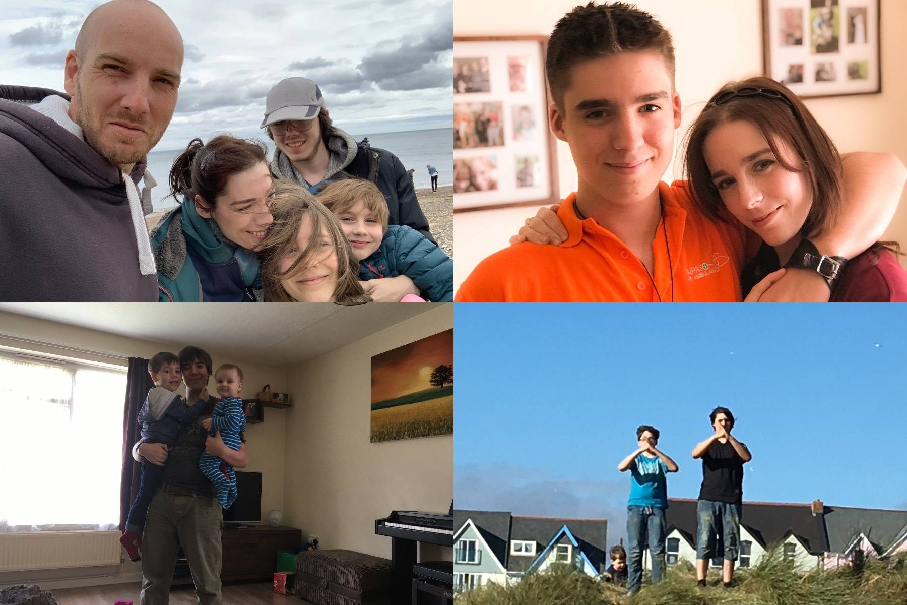 Photos of a family together, including a group who of a man and woman on the beach with their children, hair blowing about; a teenager with short brown hair and a red polo shirt hugging his mum, who has long brown hair; a photo of two boys doing kung fu on a grassy bank; and a teenage boy holding two younger brothers in his arms in a living room