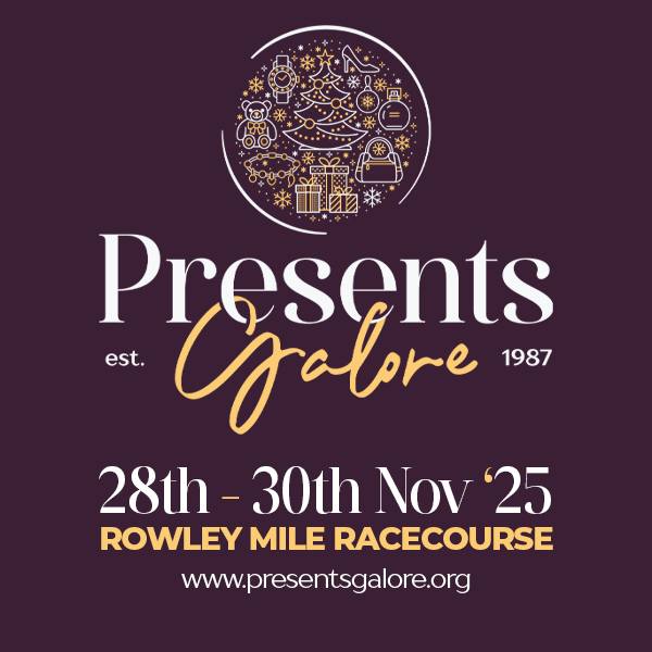 A maroon and gold marketing image that says Presents Galore Est 1987, 28th-30th Nov 2025, Rowley Mile Racecourse - www.presentsgalore.org