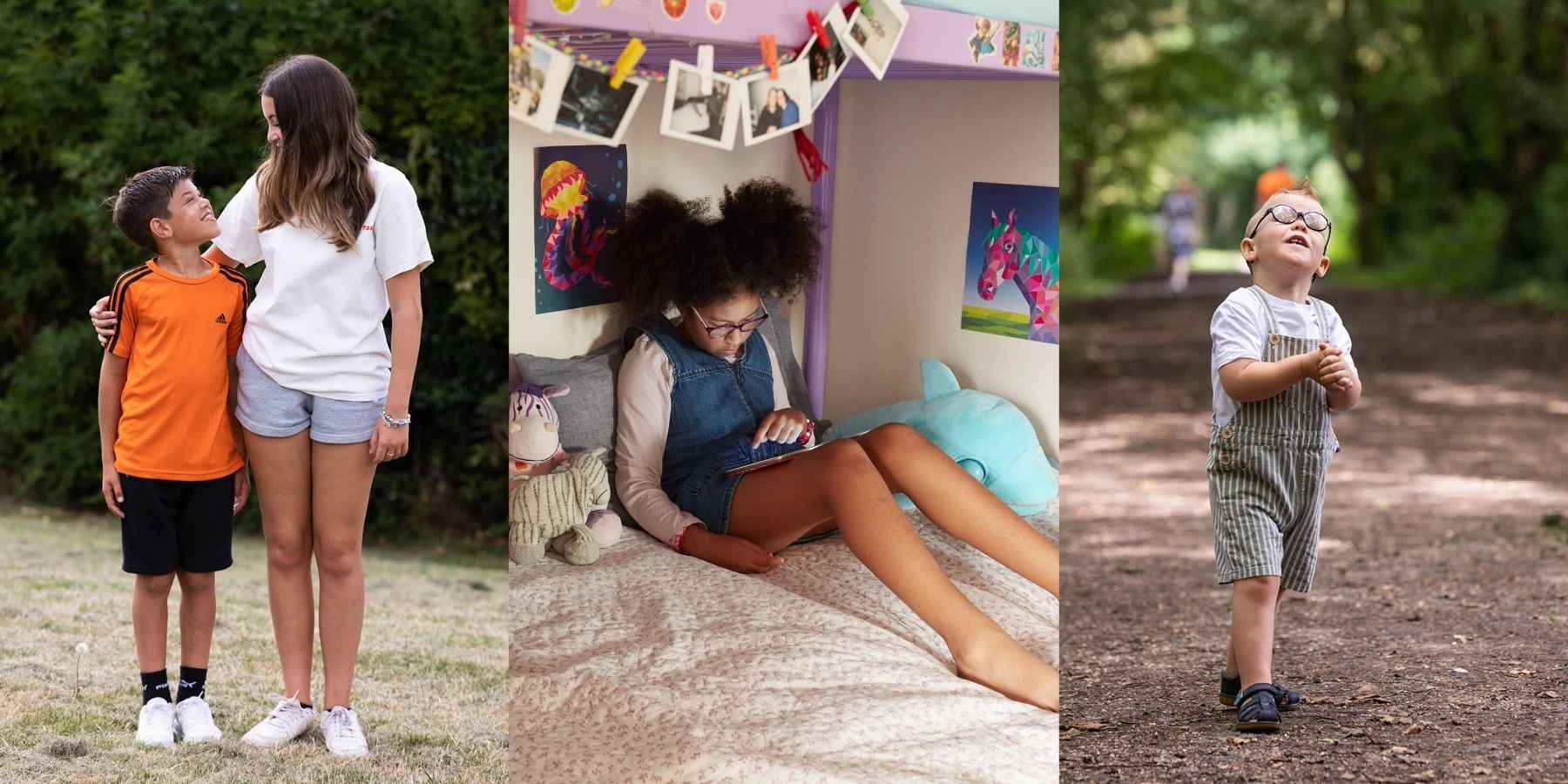 Three photos depicting children doing different things. The first is of a boy of about 11 with dark hair looking up to a girl with long brown hair, white t shirt and pale blue shorts. She has her arm around the boy's shoulders. The next photo is of a girl aged around 10 sitting on her bed playing on an ipad. Her hair is in pig tails high up on her head. She is wearign a denim dress and long sleeved pink top. She is surrounded by photos and posters of cartoon animals. The last photo is of a little boy wearing glasses and stripey dungaree shorts on a woodland path.
