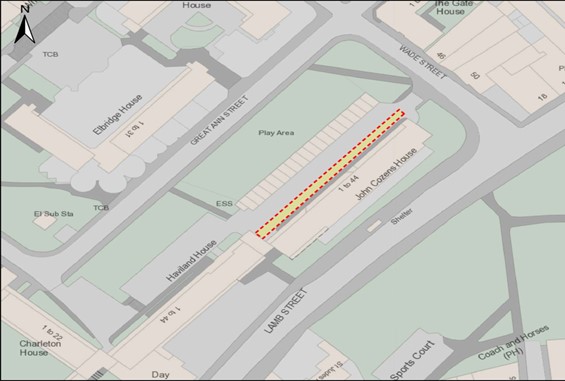 Graphic of a map of John Cozens House with a yellow highlighted section showing where residents cannot park