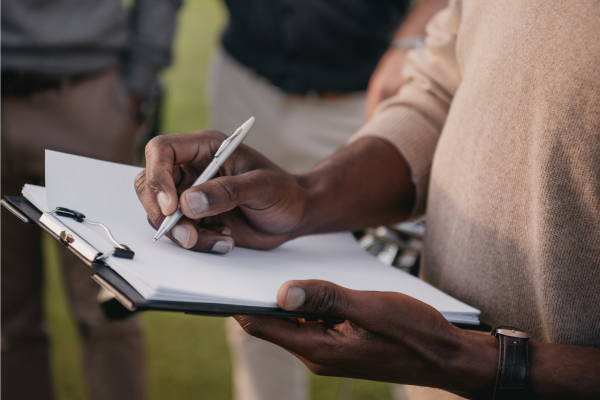 Person writing wth a pen on a clipboard